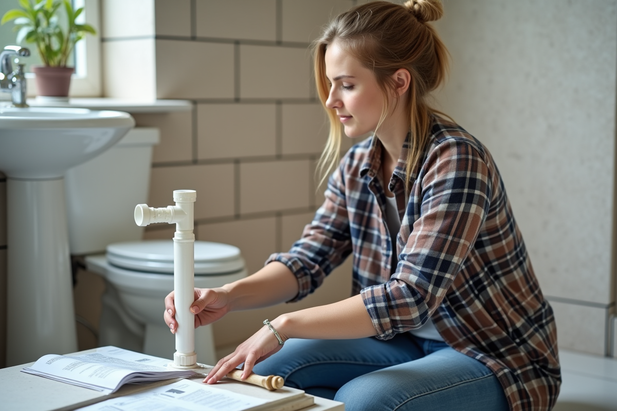 Jeune femme DIY appliquant joint sur tuyau PVC