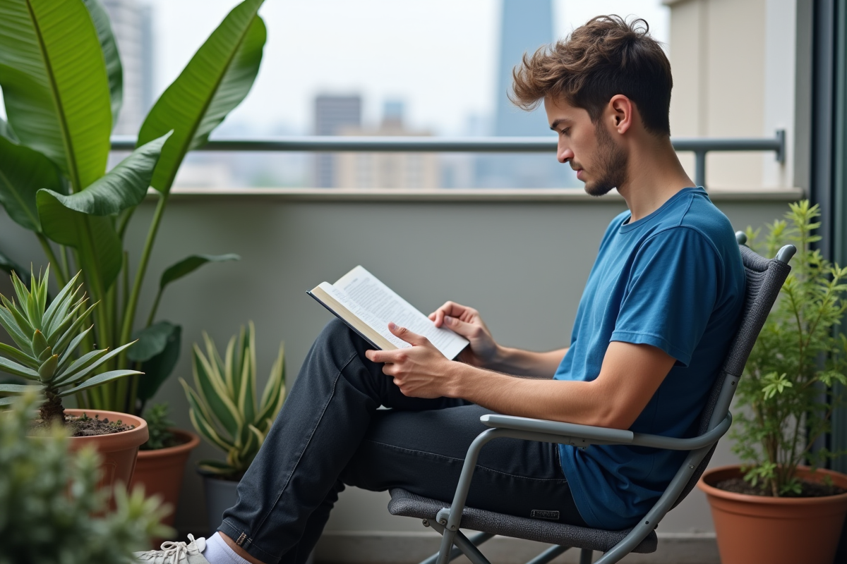 Jeune homme lisant sur un balcon avec plantes succulentes