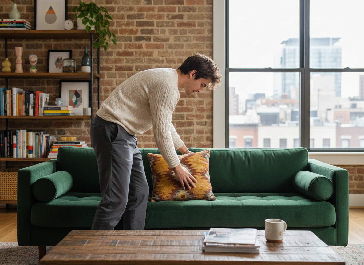 Jeune homme posant un coussin sur un canapé en velours vert