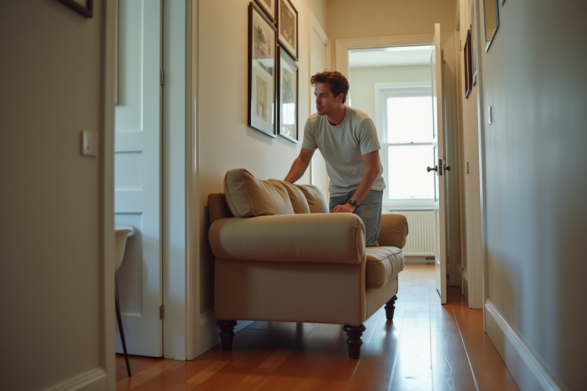 Jeune homme poussant un canapé dans un couloir