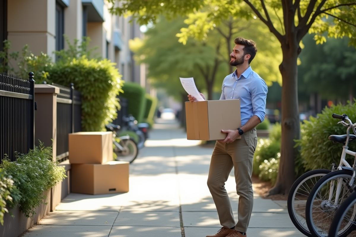 Jeune homme vérifiant ses papiers devant un immeuble résidentiel