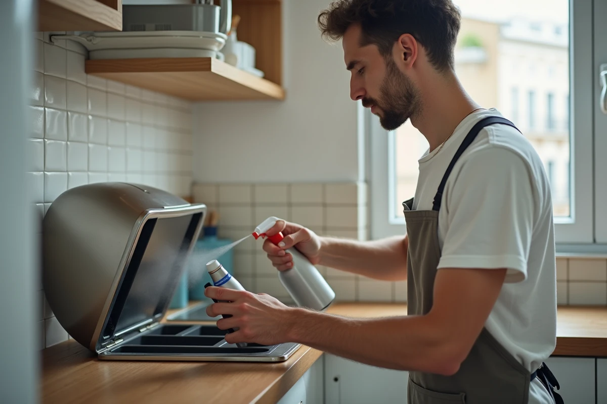 Jeune homme vaporisant un désodorisant dans la poubelle