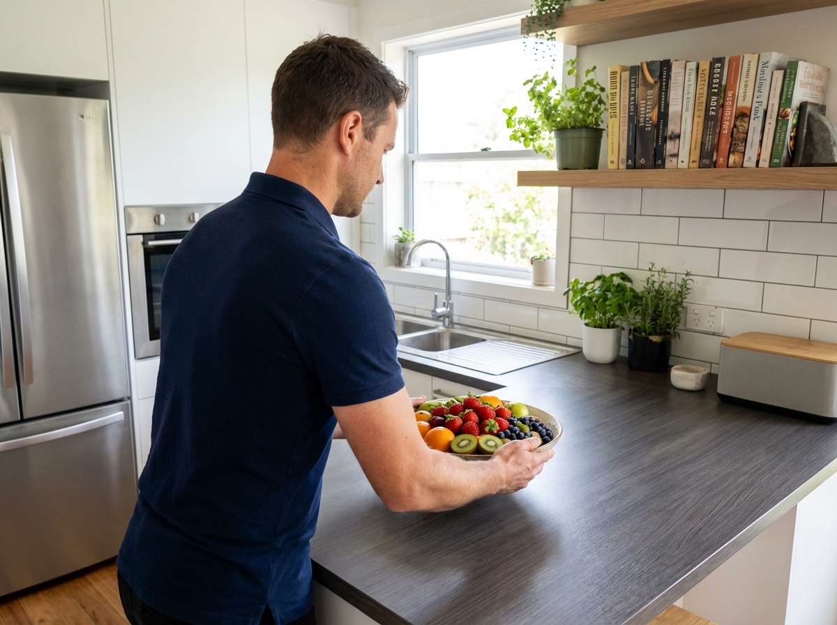Jeune homme plaçant un bol de fruits sur un plan de travail en laminate