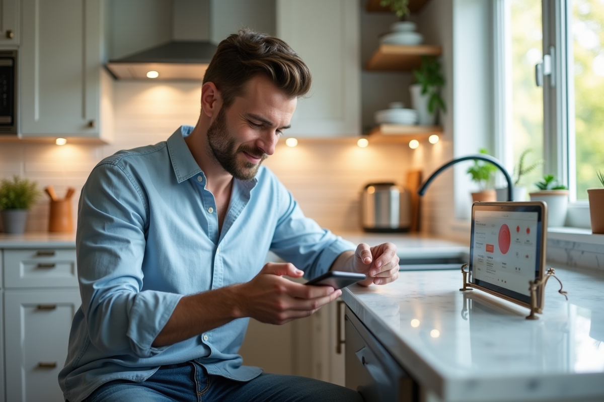 Jeune homme réglant la domotique dans une cuisine moderne