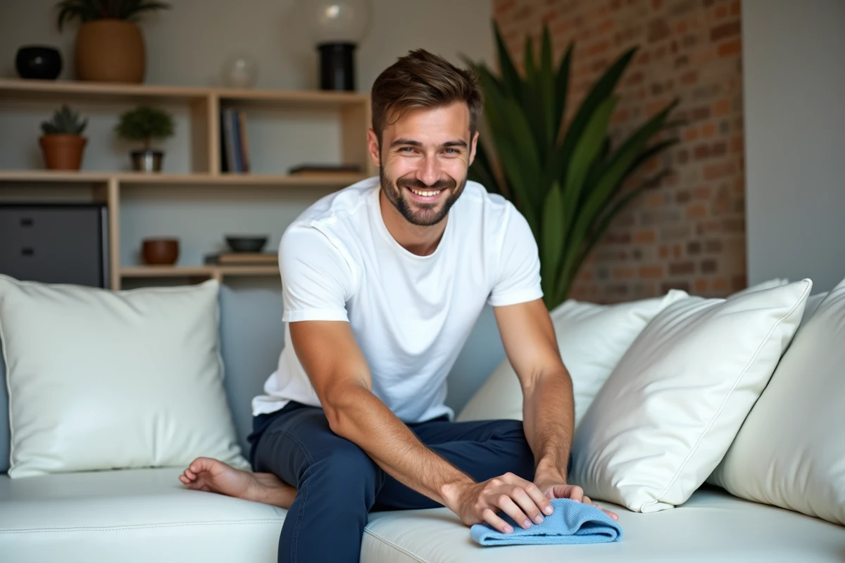 Jeune homme utilisant une lingette pour cuir dans un salon lumineux