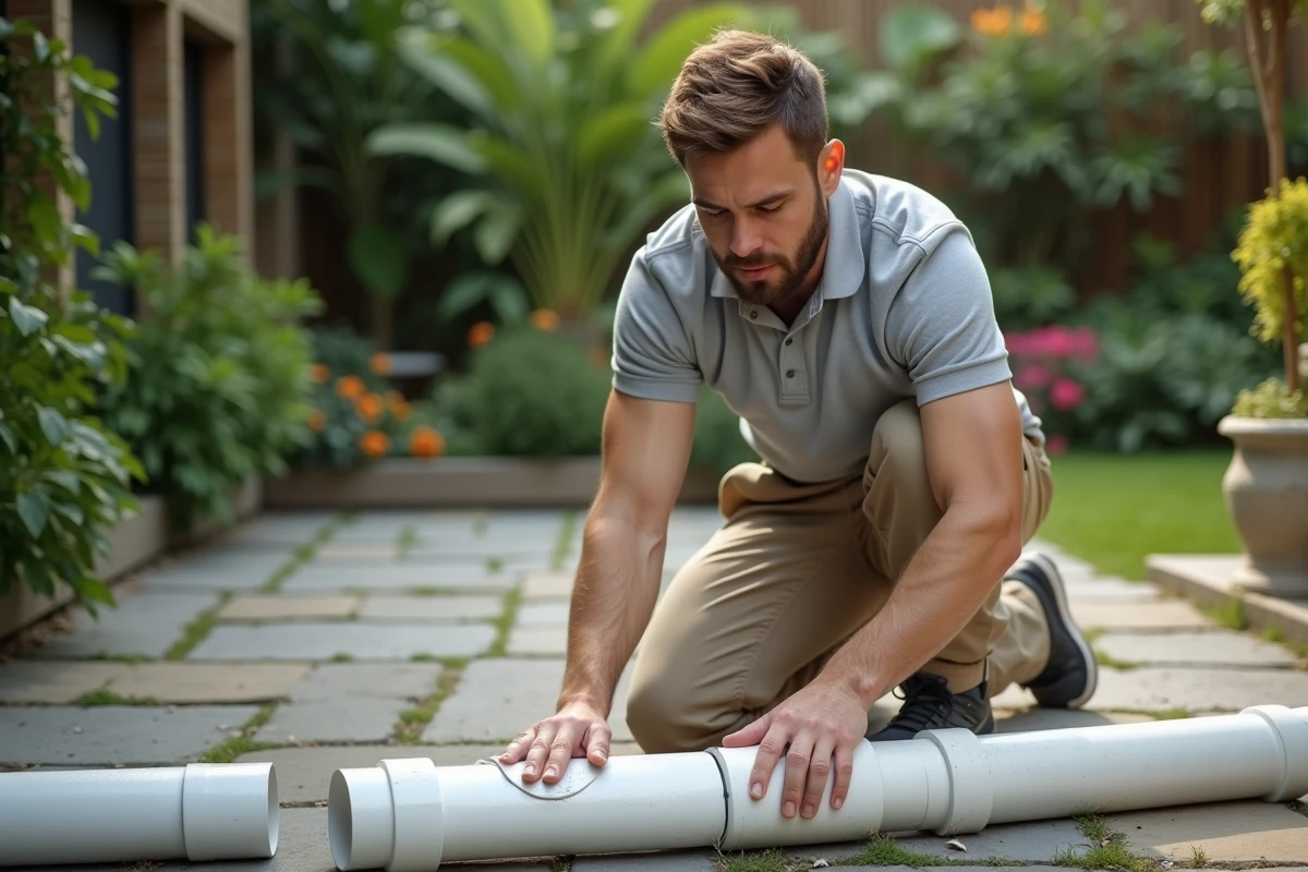 Jeune homme nettoyant un tuyau PVC extérieur dans le jardin