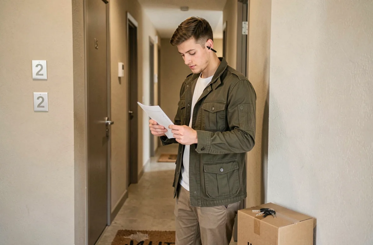 Jeune homme primo-locataire devant la porte de son nouvel appartement avec une checklist de déménagement à la main