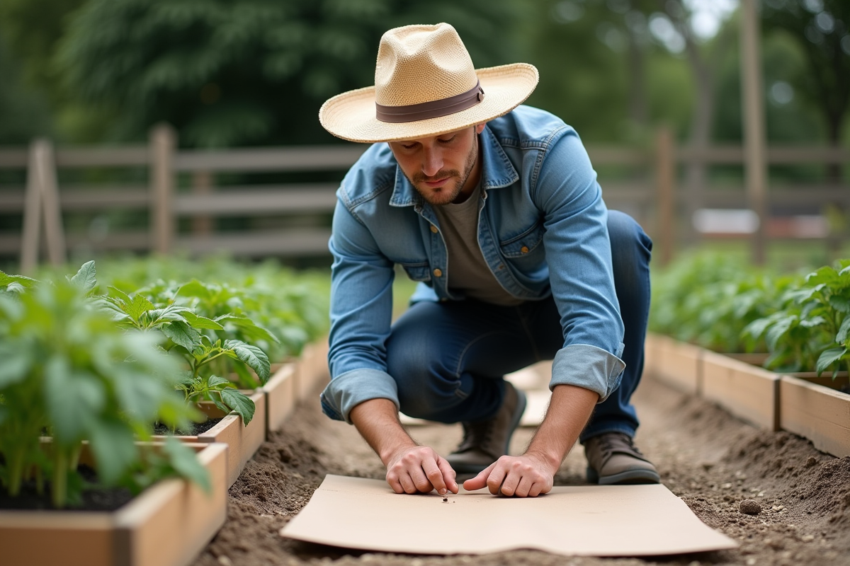 Jeune homme posant du carton entre plants de tomates