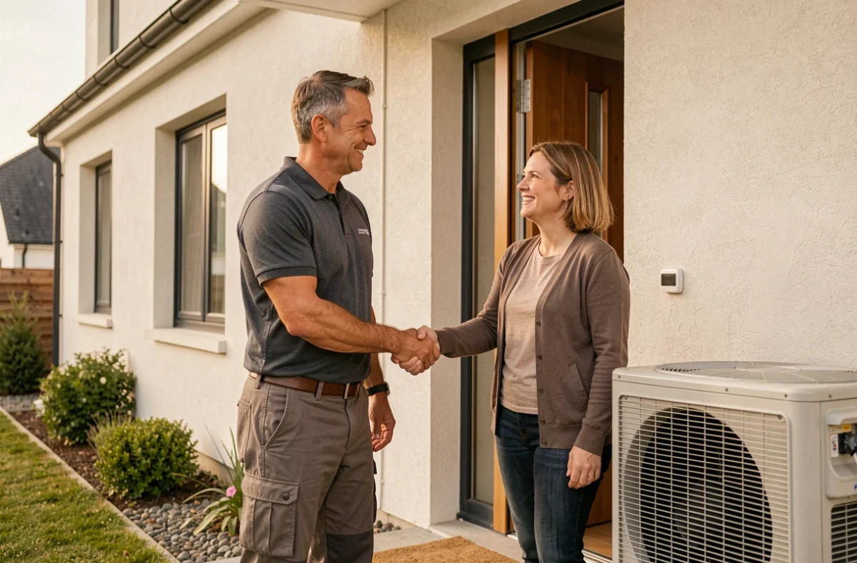 Gérant de JLF Energie SARL serrant la main d'une propriétaire satisfaite devant une maison moderne avec climatiseur installé dans le Finistère