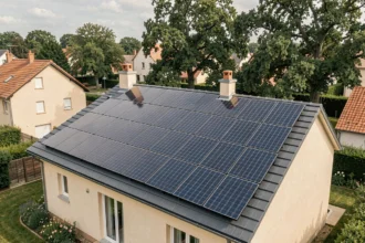 Kit solaire 6000W installé sur le toit d'une maison individuelle en France avec 18 panneaux photovoltaïques haute efficacité