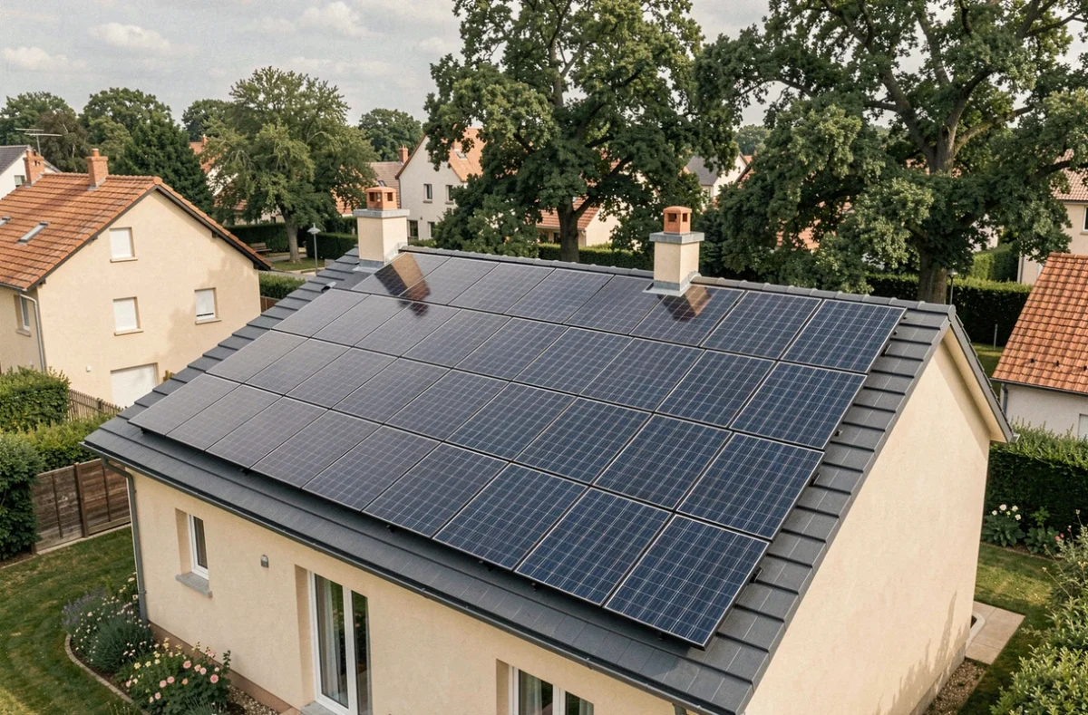 Kit solaire 6000W installé sur le toit d'une maison individuelle en France avec 18 panneaux photovoltaïques haute efficacité