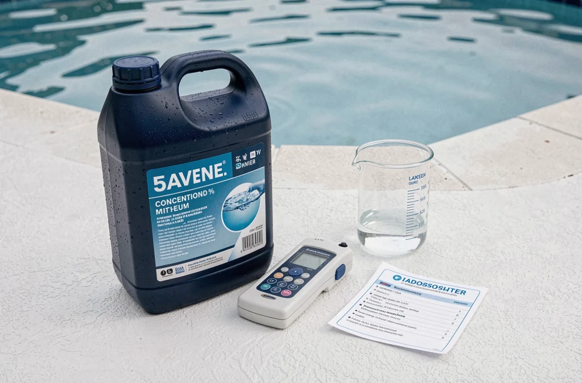 Kit de traitement piscine avec bouteille de javel, éprouvette graduée et guide de dosage posés au bord du bassin