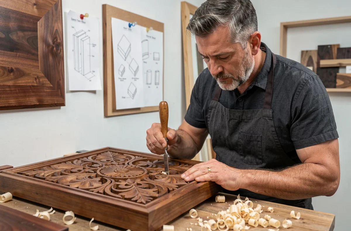 Artisan sculptant à la main un panneau décoratif en bois dans un atelier de menuiserie haut de gamme