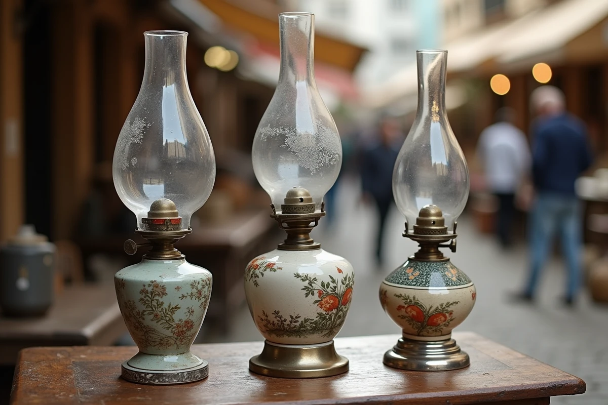 Trois lampes à pétrole vintage alignées sur une table de brocante avec globes en cristal et porcelaine décorée