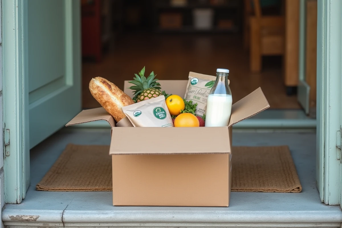 Livraison de courses bio et locales Carrefour en ligne avec produits certifiés biologiques devant une porte