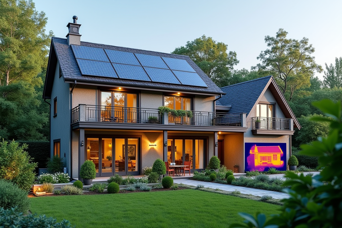Maison avec panneaux solaires et fenetres isolantes