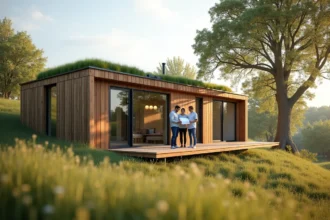 Couple devant une maison modulaire écologique en bois et acier recyclé avec toiture végétalisée en 2026