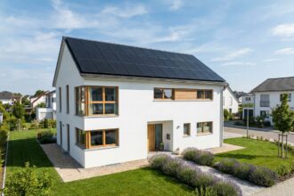 Maison individuelle moderne équipée de panneaux solaires noirs sur le toit, entourée d'un jardin soigné