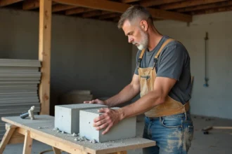 Maçon vérifiant deux blocs de béton sur un chantier