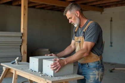 Maçon vérifiant deux blocs de béton sur un chantier