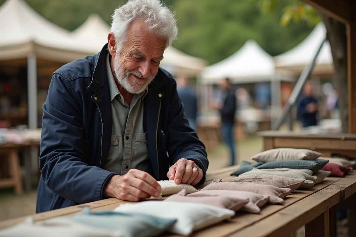 Homme âgé examinant des sachets en tissu au marché artisanal