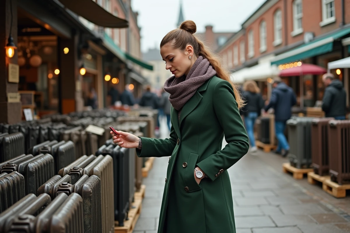 Femme examinant un radiateur en marché vintage parisien
