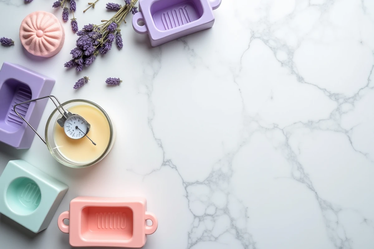 Vue de dessus du matériel pour fondre et remouler du savon : thermomètre, spatule, moules en silicone et savon fondu