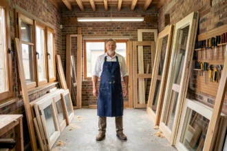 Atelier de menuiserie professionnel dans le Val-de-Marne avec cadres de fenêtres et portes en bois exposés