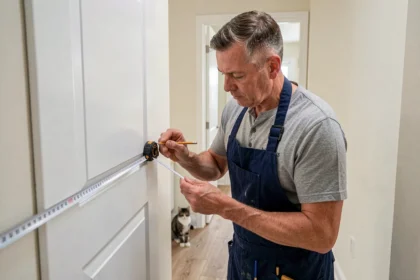Menuisier mesurant une porte PVC blanche pour installer une chatière, vue en pied dans un couloir résidentiel