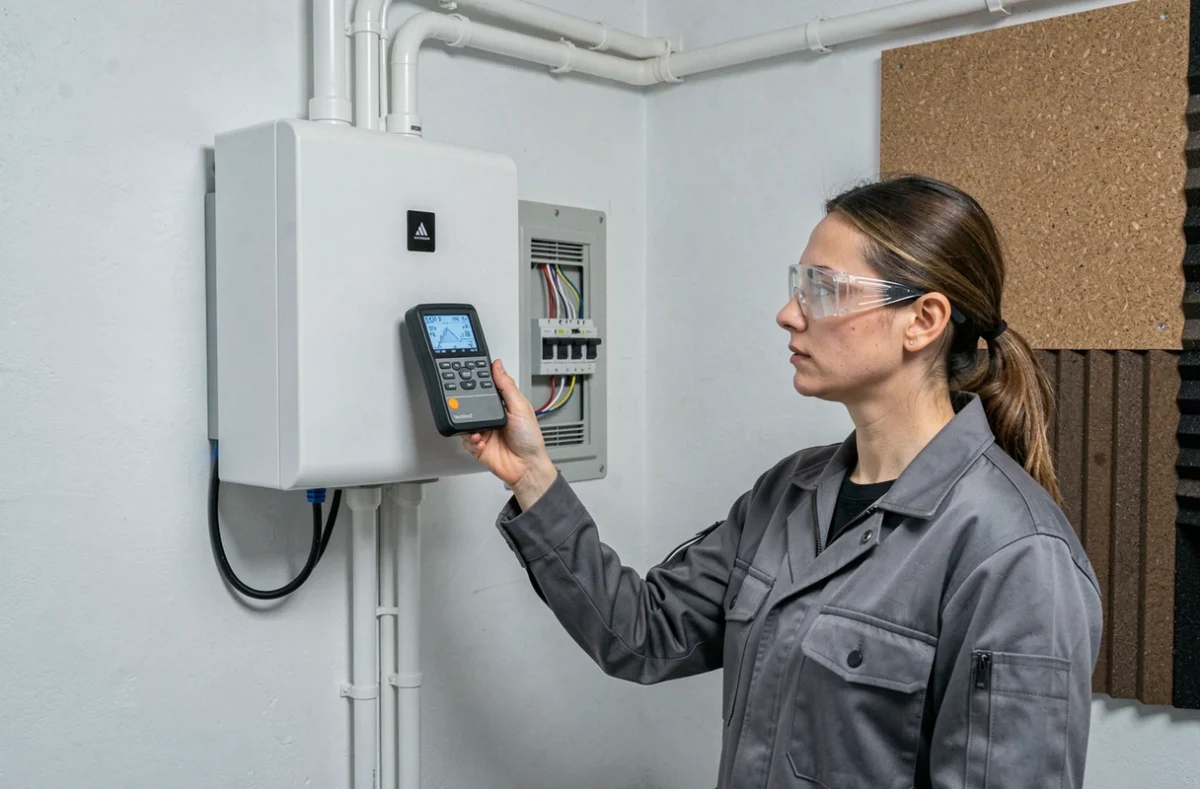 Ingénieure acousticienne mesurant le niveau sonore d'une pompe à chaleur intérieure avec un sonomètre numérique