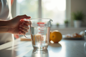 Personne mesurant 20 cl d'eau dans un verre en cuisine lumineuse