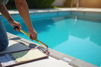 Personne mesurant une piscine rectangulaire avec un mètre