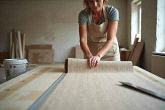 Femme mesurant un rouleau de papier peint sur une table de travail dans une pièce en cours de rénovation