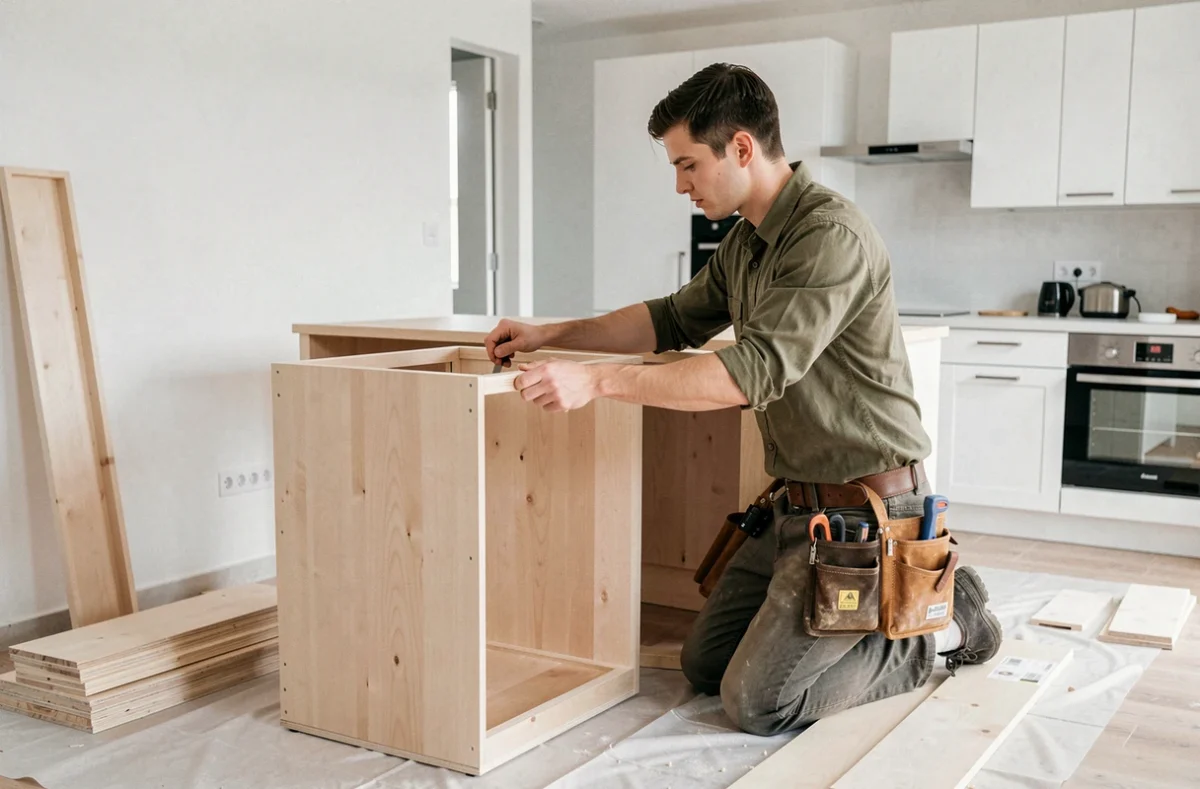 Jeune menuisier assemblant un meuble de cuisine sur mesure dans un appartement en cours de rénovation