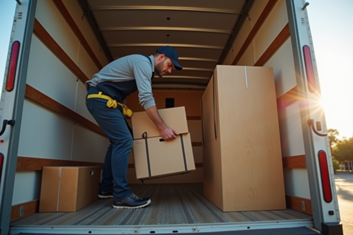 Monteur professionnel fixant un meuble dans un camion de location