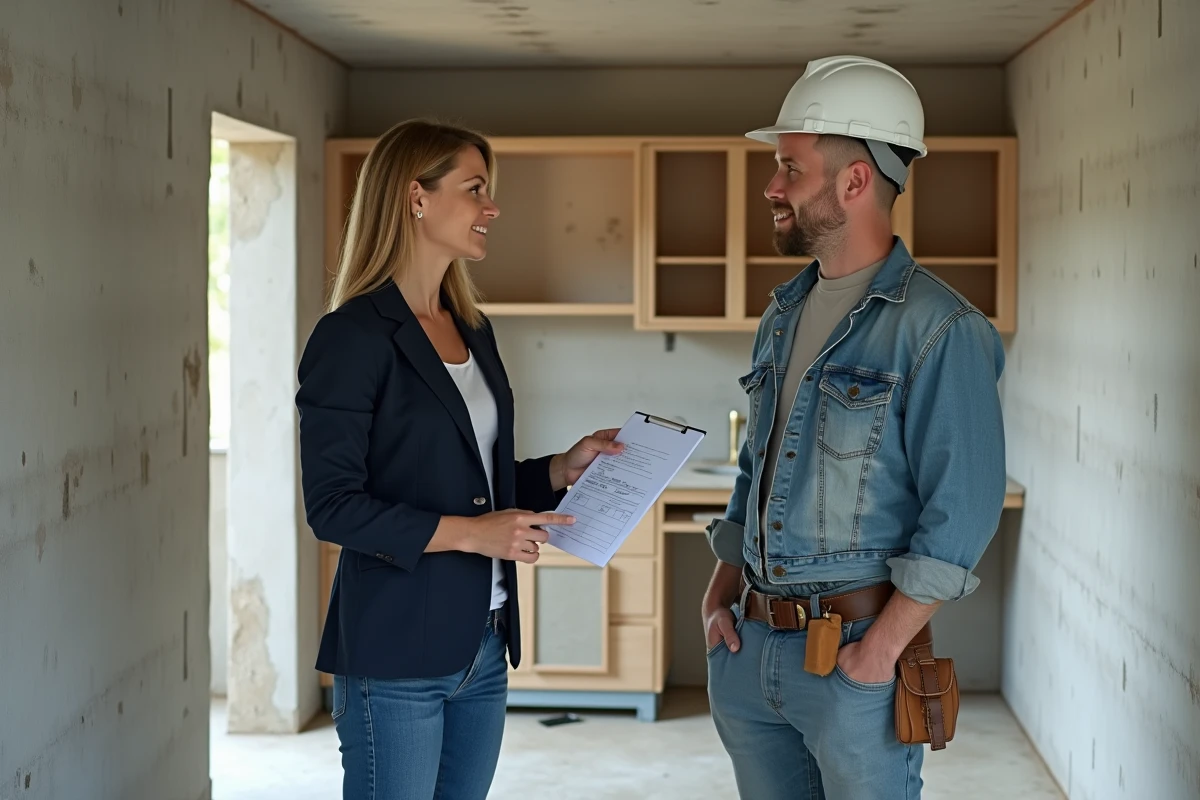 Femme tenant un devis de travaux en négociation avec un entrepreneur dans une cuisine en cours de rénovation