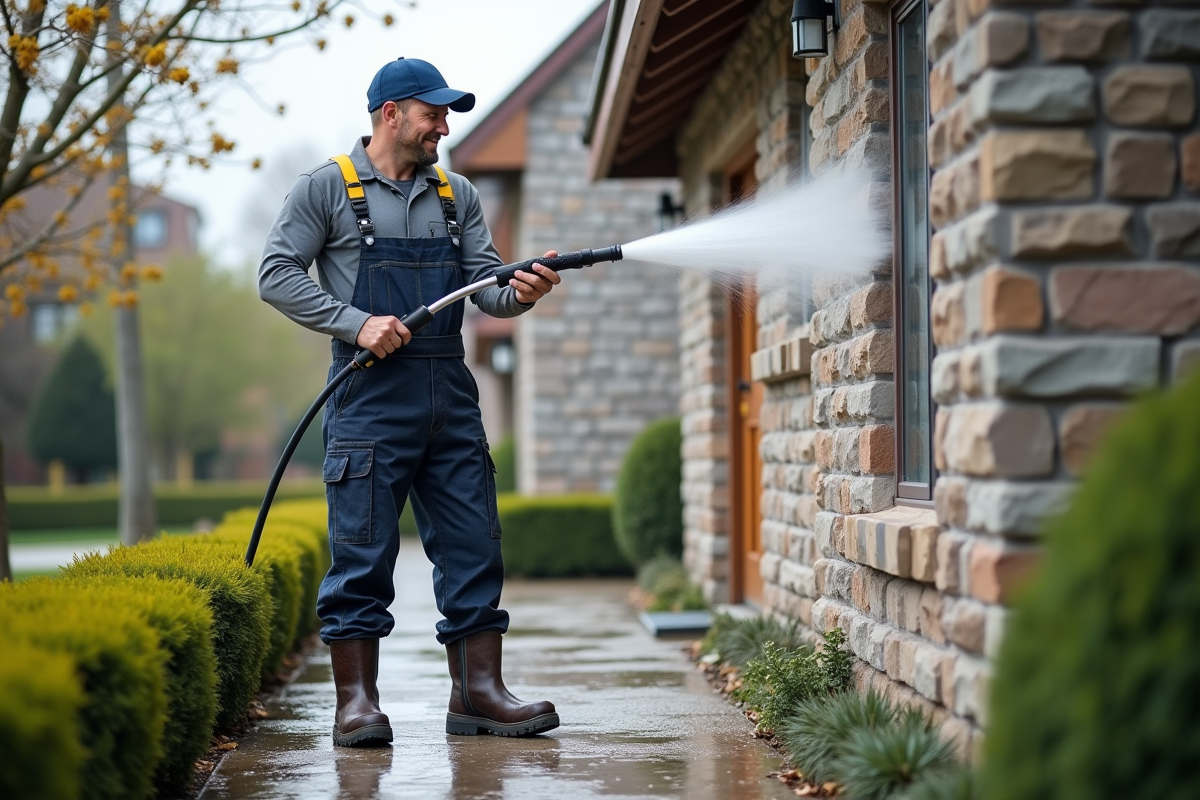 Hommes en overalls nettoyant facade de maison en pierre