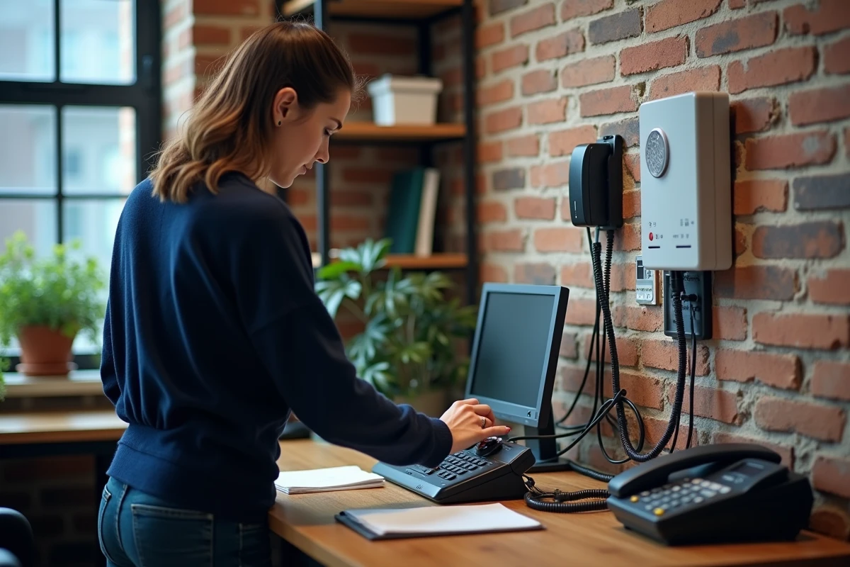 Femme organisant le câblage d'un téléphone fixe, d'un fax et d'un interphone sur un bureau professionnel
