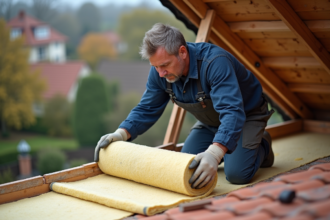 Ouvrier en tenue de chantier posant sur le toit d'une maison
