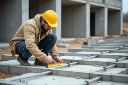Ouvrier mesurant l'espacement entre poutrelles et hourdis sur un chantier de construction en béton