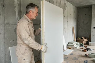 Ouvrier posant un placo isolé sur un mur intérieur en chantier de rénovation thermique