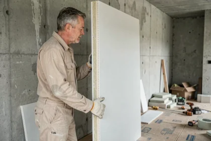 Ouvrier posant un placo isolé sur un mur intérieur en chantier de rénovation thermique