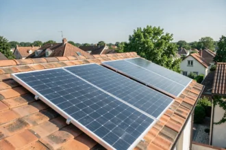 Panneau solaire 800W installé sur un toit résidentiel en tuiles avec ciel bleu