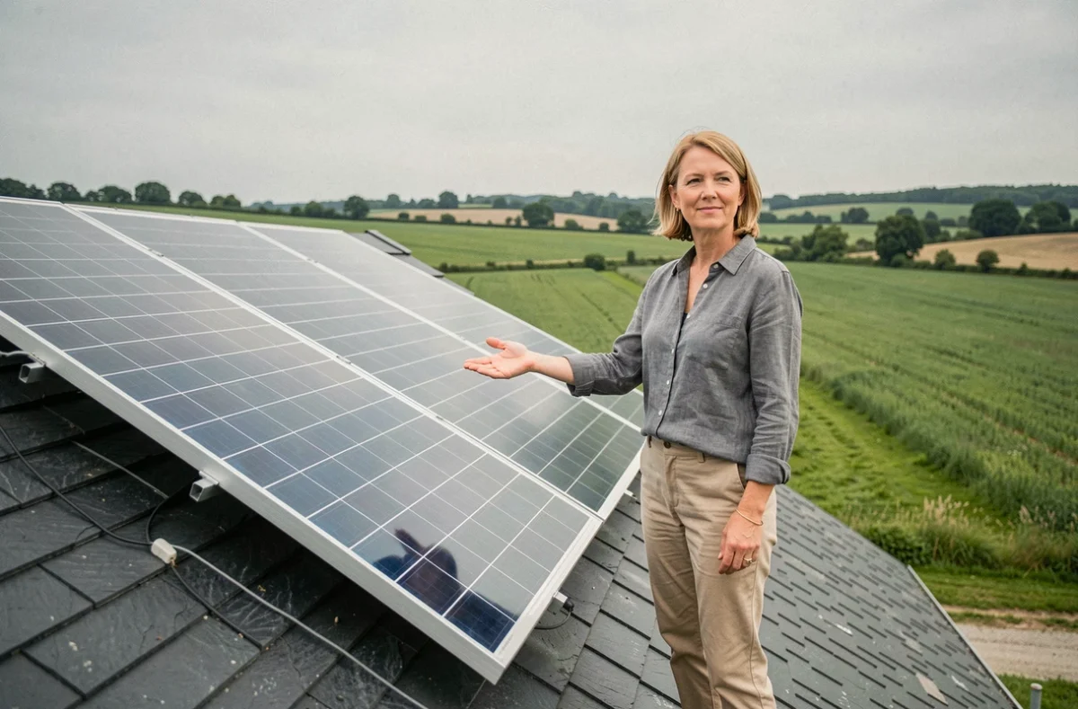 Femme présentant des panneaux solaires photovoltaïques installés sur un toit en ardoise à la campagne