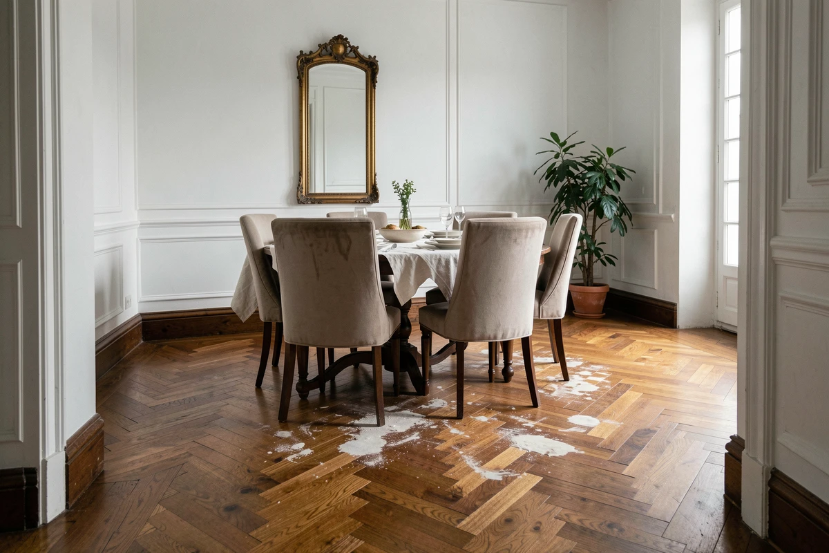 Salle à manger bourgeoise avec parquet en noyer bois en chevrons partiellement ciré montrant les traces d'usure
