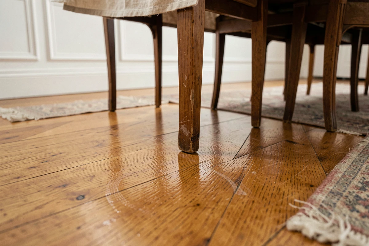 Parquet ciré en chêne avec traces de chaises et légères empreintes dans une salle à manger parisienne