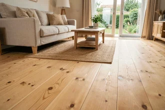 Parquet massif en pin installé dans un salon scandinave avec grain naturel et nœuds apparents