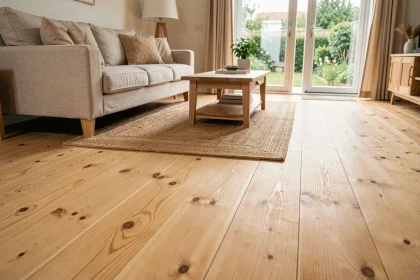 Parquet massif en pin installé dans un salon scandinave avec grain naturel et nœuds apparents