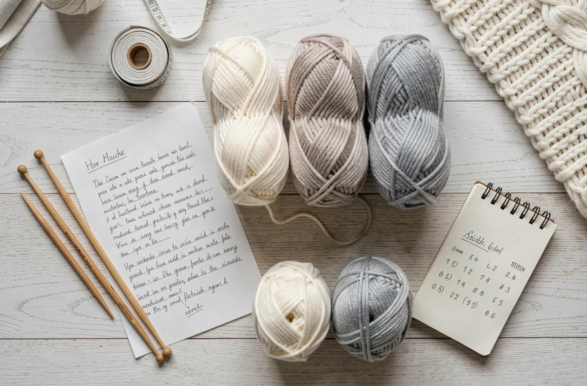 Pelotes de laine et patron de tricot pour pull femme grande taille avec accessoires de couture posés à plat