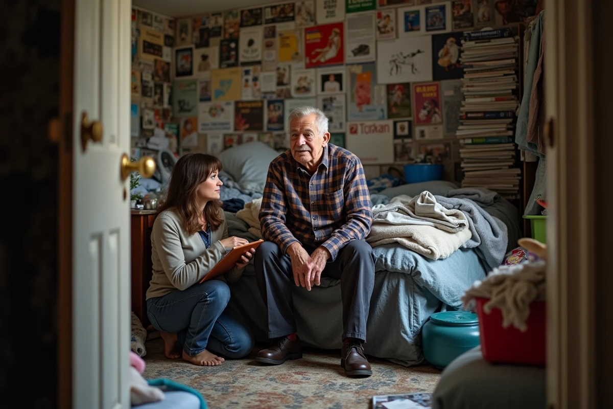 Homme âgé assis dans une chambre encombrée accompagné d'une assistante sociale lors d'une évaluation pour un débarras de logement insalubre
